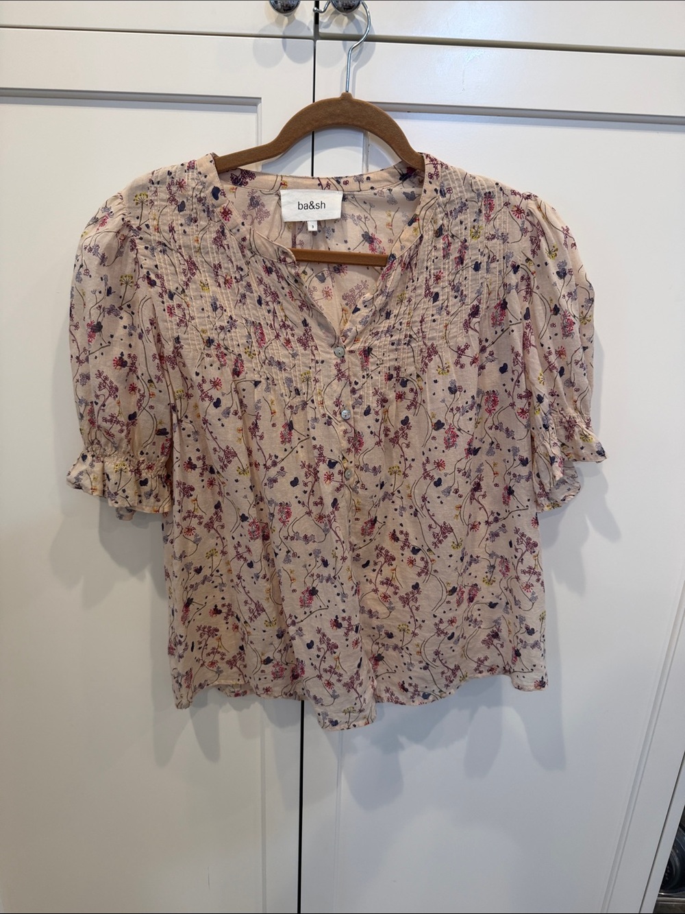 ba&sh Cream Floral Short Puff-Sleeve Blouse